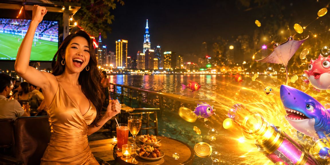 Quang cảnh chợ đêm Hồ Chí Minh với ánh đèn neon rực rỡ bên cạnh màn hình trò chơi bắn cá